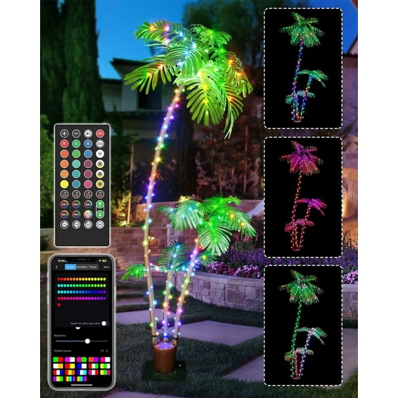 7FT Smart Lighted Palm Tree DIY Color Changing 2 Trees Lights Music Sync Pre Lit Large Artificial Christmas Tree App Remote Control for Outside Patio Yard Pool Porch Deck Party Tropical
