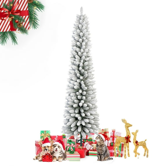7FT Snow Flocked Pencil Christmas Tree, iCapeson Unlit Artificial Hinged Xmas Tree with Metal Stand, Slim PVC Tree with 469 Snowy Tips, Artificial Holiday Decoration for Indoor and Outdoor Use, White