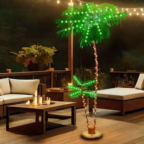 7FT Solar Double Palm Tree Lights with Remote Control, Pure White LED Artificial Palm Tree for Outdoor, 8 Lighting Modes, Waterproof for Patio, Pool, Tropical Holiday Decor