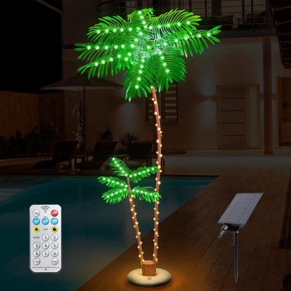 7FT Solar Lighted Dual Trunk Palm Tree with Remote Control 8 Modes Timer IP65 Waterproof LED Outdoor Decor