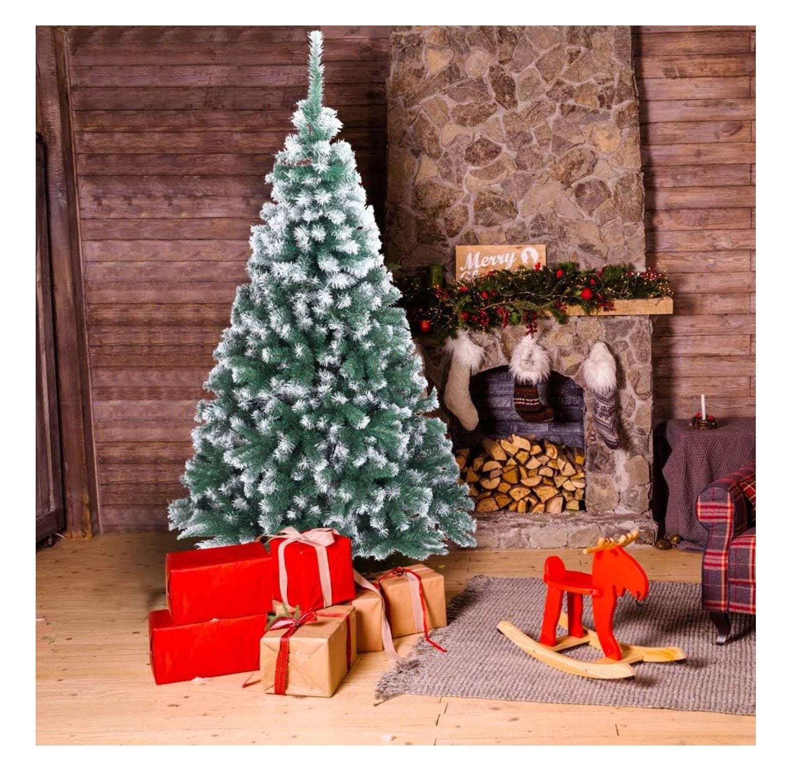 7FT Spray White Snow Dusted Christmas Tree, Artificial Hinged Christmas