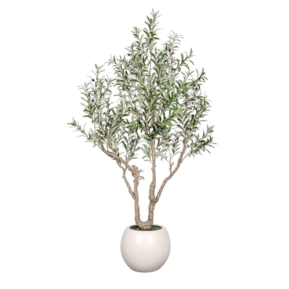 7FT Tall Artificial Olive Tree with Round White Planter Natural Trunk and Realistic Leaves Lifelike Fruits Faux Olive Tree For Home House Office Decor Indoor