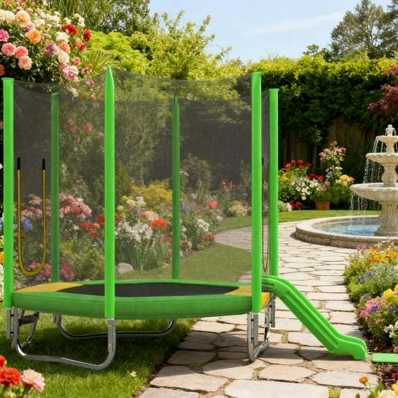 7FT Toddler Trampoline for Kids, SHINPT Outdoor/Indoor Trampoline with Slide and Ladder, Recreational Trampolinewith Safety Enclosure Net, Hexagon Trampoline for Kids 3+, Outside Toy for Backyard