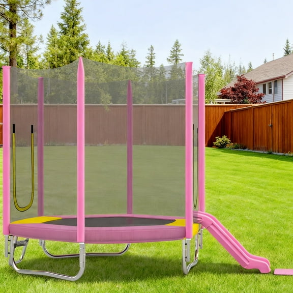 7FT Toddler Trampoline for Kids, SHINPT Outdoor/Indoor Trampoline with Slide and Ladder, Recreational Trampolinewith Safety Enclosure Net, Hexagon Trampoline for Kids 3+, Outside Toy for Backyard