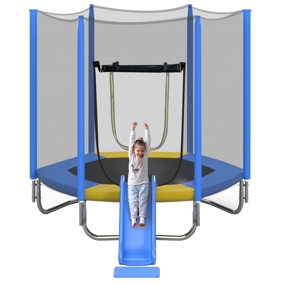 7FT Trampoline for Kids with Safety Enclosure Net, SEGMART Toddler Trampoline with Removable Slide, Upgrade Recreational Trampoline with Jumping Mat for Indoor Outdoor Backyard, Blue