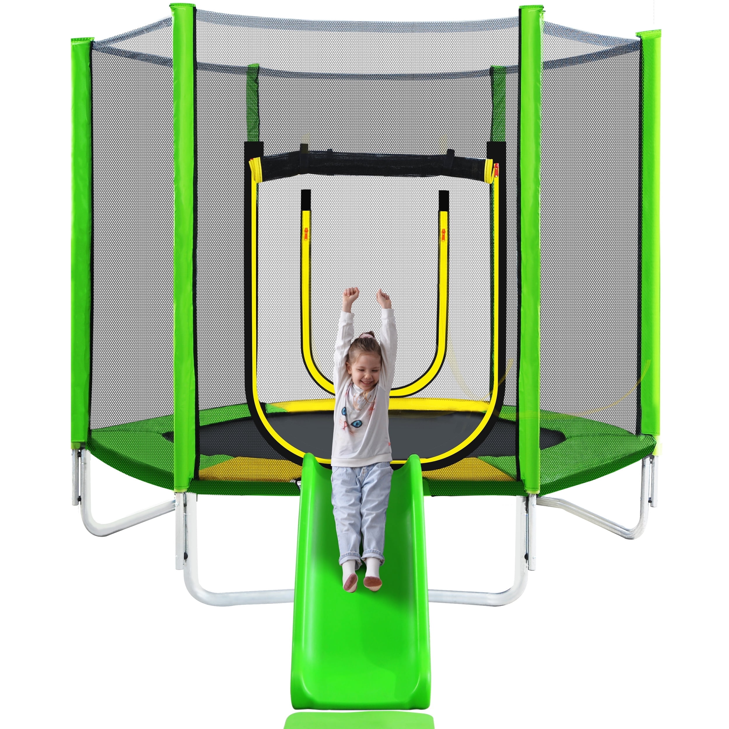 7FT Trampoline for Kids with Safety Enclosure Net, SEGMART Toddler Trampoline with Removable Slide, Upgrade Recreational Trampoline with Jumping Mat for Indoor Outdoor Backyard, Green