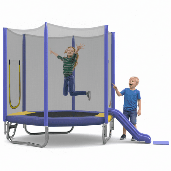 7FT Trampoline with Safety High Enclosure Net and Steel Frame, 220LBS Weight Capacity, Recreational Trampolines with Slide and Ladder, Fitness Trampoline with Soft Pad for Kids Indoor Outdoor, Blue