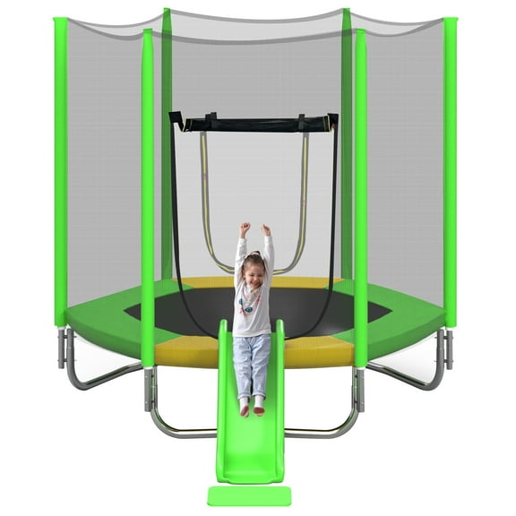 7FT Trampoline for Kids with Safety Enclosure Net, Slide and Ladder, Easy Assembly ,Regular Hexagon Outdoor Recreational Trampoline