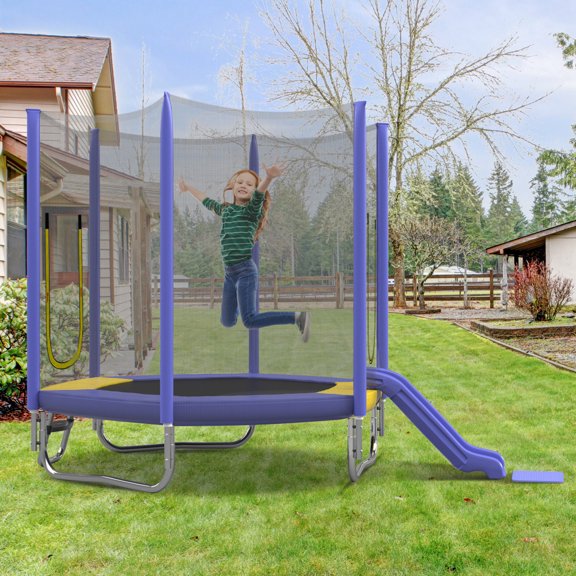 7FT Trampoline for Kids with Safety Enclosure Net, Slide and Ladder, Easy Assembly ,Regular Hexagon Outdoor Recreational Trampoline