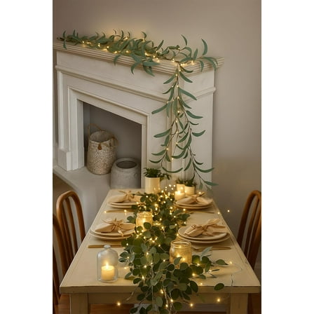 7FT Twinkling Tree Fairy Light Eucalyptus Leaves Christmas Garlands, Led Pre-lit Lighted Artificial Olive Garland with Timer for Fireplace, Mantel, Stairs Christmas Decorations (2pcs Combination)