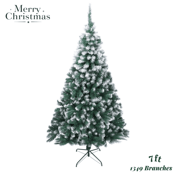 7FT Unlit Artificial Christmas Tree, Green & White Holiday X-mas Tree with Flush 1347 Branch Tips and Sturdy Metal Stand, for Home & Office Décor, Easy Assembly