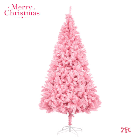 7FT Unlit Artificial Christmas Tree, Pink Holiday Xmas Pine Tree with Metal Stand & 1400 Branches, Easy Assembly