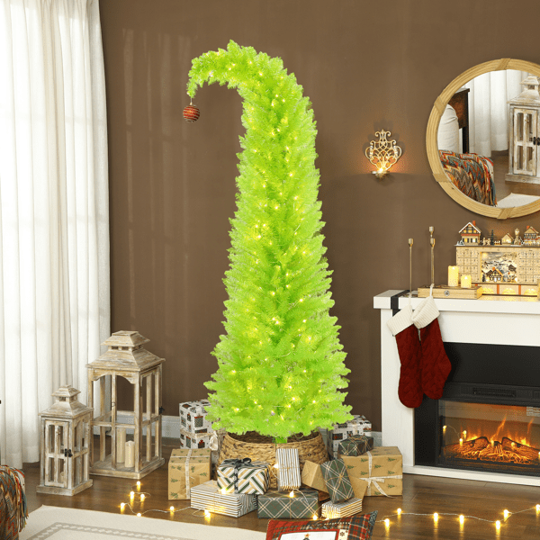 7FT Whimsical Pencil Christmas Tree, Pre-Lit with 250 Warm White LEDs, 628 Branch Tips, Metal Base for Small Spaces or Apartments