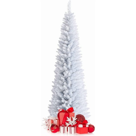 7FT White Pencil Christmas Tree Life-Like Slim Xmas Tree Artificial Skinny Christmas Tree with Folding Metal Stand & PVC Leaves, Realistic Unlit Pine Tree with 436 Branch Tips