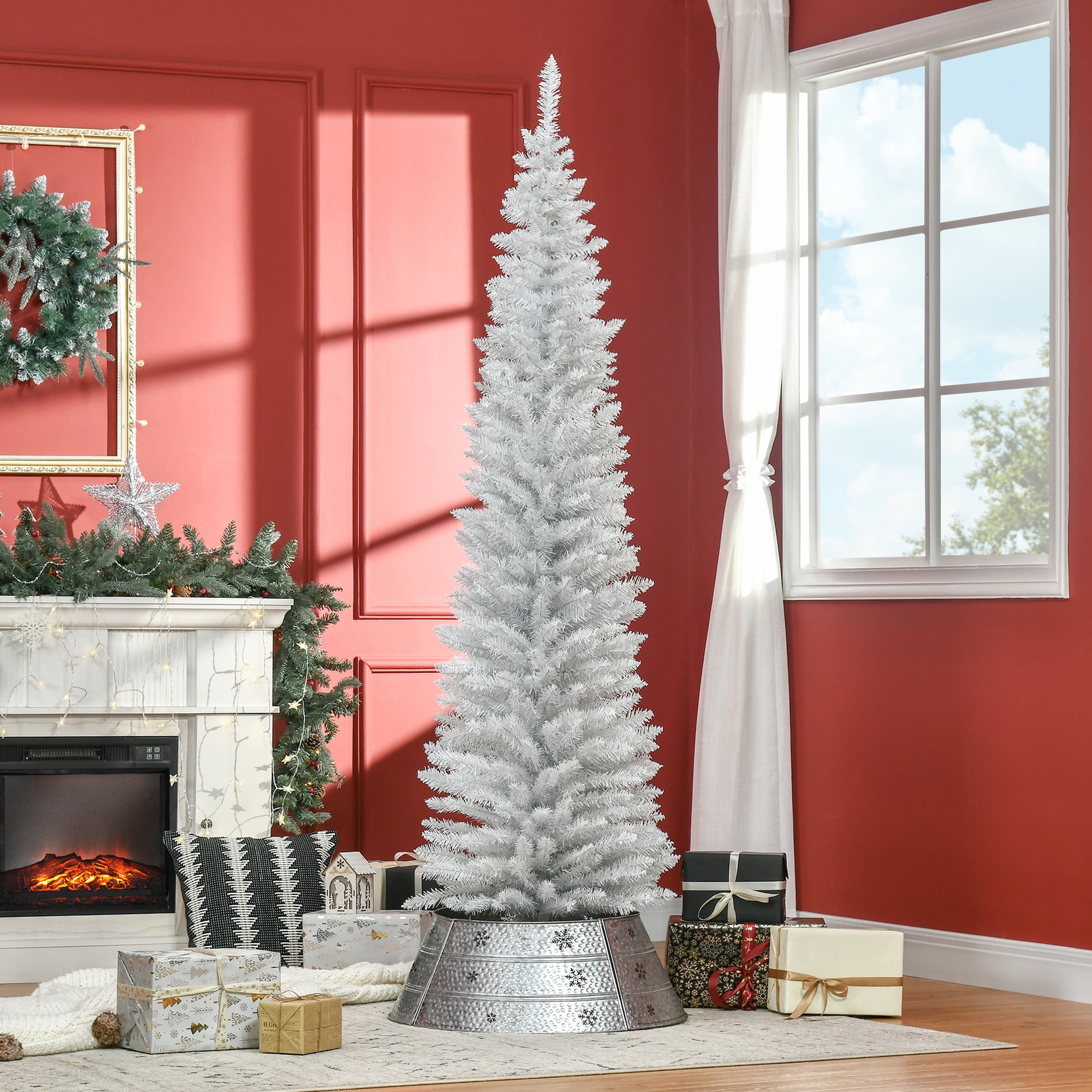 7FT White Slim Pencil Artificial Christmas Tree, 499 Plastic Branch Tips, Detachable Sturdy Plastic Base, Easy Storage, Indoor Holiday Decor