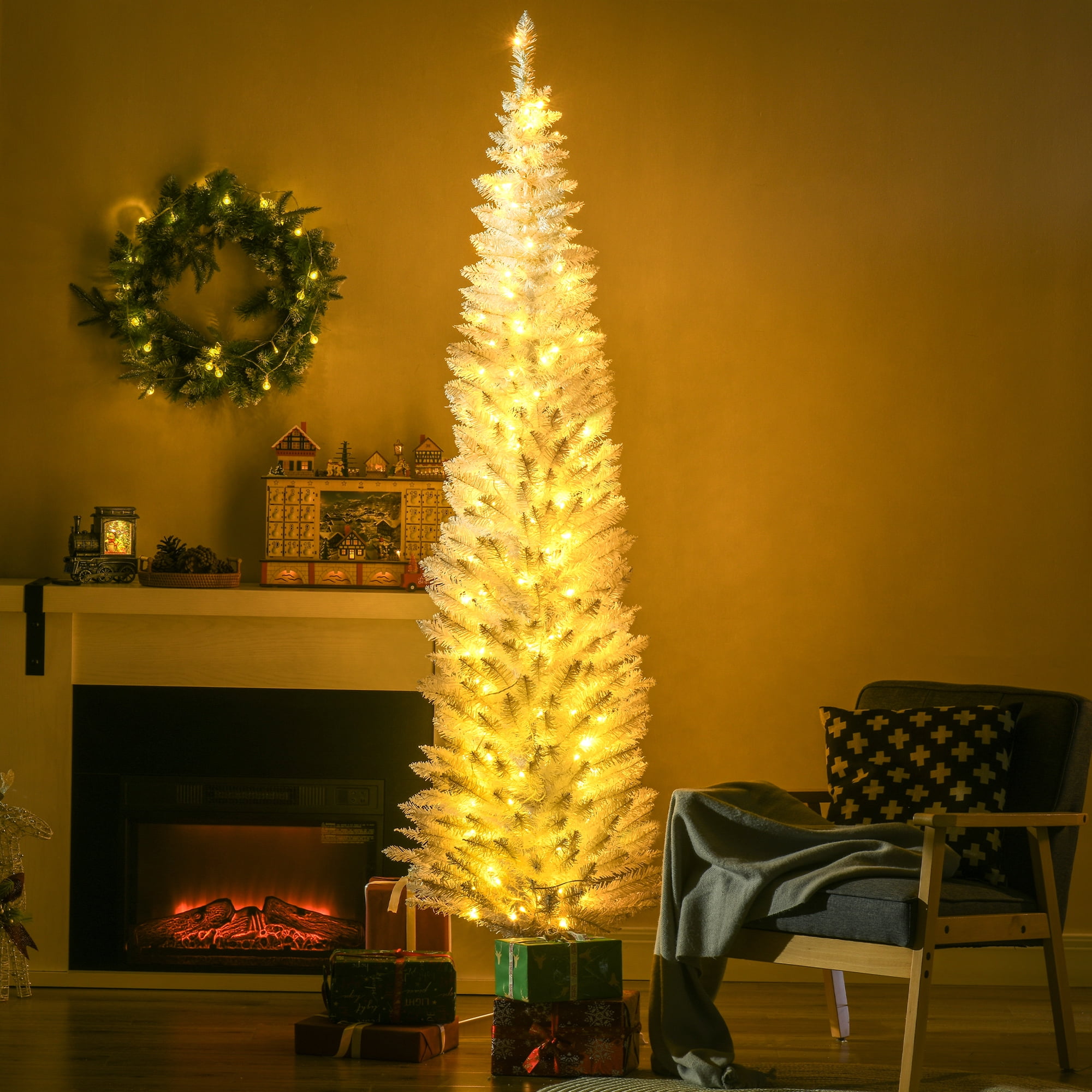 7FT White Slim Pencil Artificial Christmas Tree, 499 Tips 200 Warm White LEDs, Section Design, Flame Retardant Sturdy Base, Indoor Holiday Decor