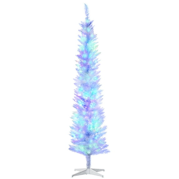 7FT White Slim Pencil Artificial Christmas Tree, 500 Tips with 250 Colorful LEDs (8 Modes), Flame Retardant, Sturdy Base, Indoor Holiday Decor