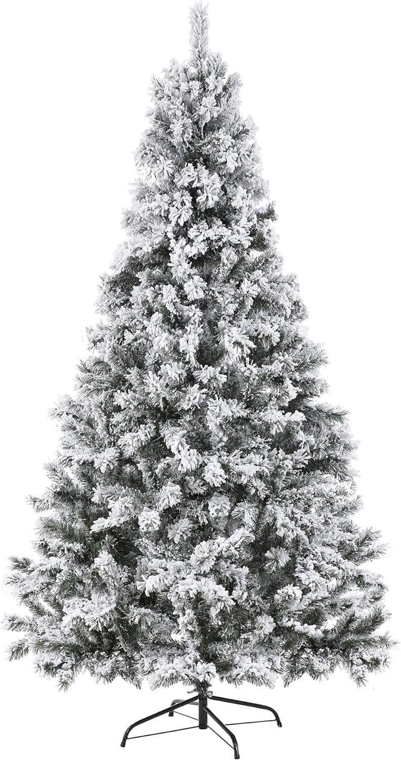 7Ft Flocked Christmas Tree, Full Spruce Artificial Prelit Christmas