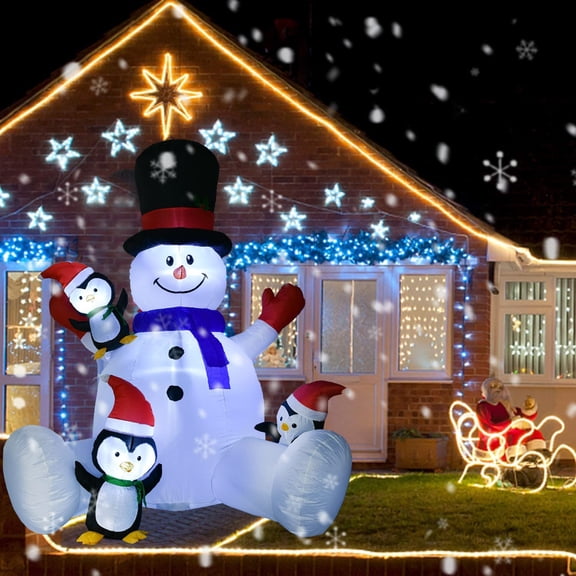 7Ft Lighted Christmas Inflatable Snowman with Three Cute Penguins, Building 3 LED Lights Outdoor Indoor Holiday Decorations Blow up Yard Inflatables Home Decor