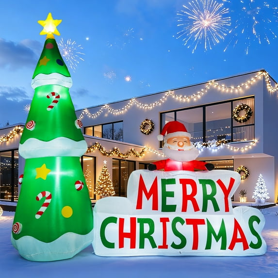 7ft Christmas Inflatable Tree with Santa and Sign Outdoor Decoration, Blow Up Yard Decorations, Built in LED Lights Inflatables Xmas Holiday Funny Decor for Indoor Lawn Garden