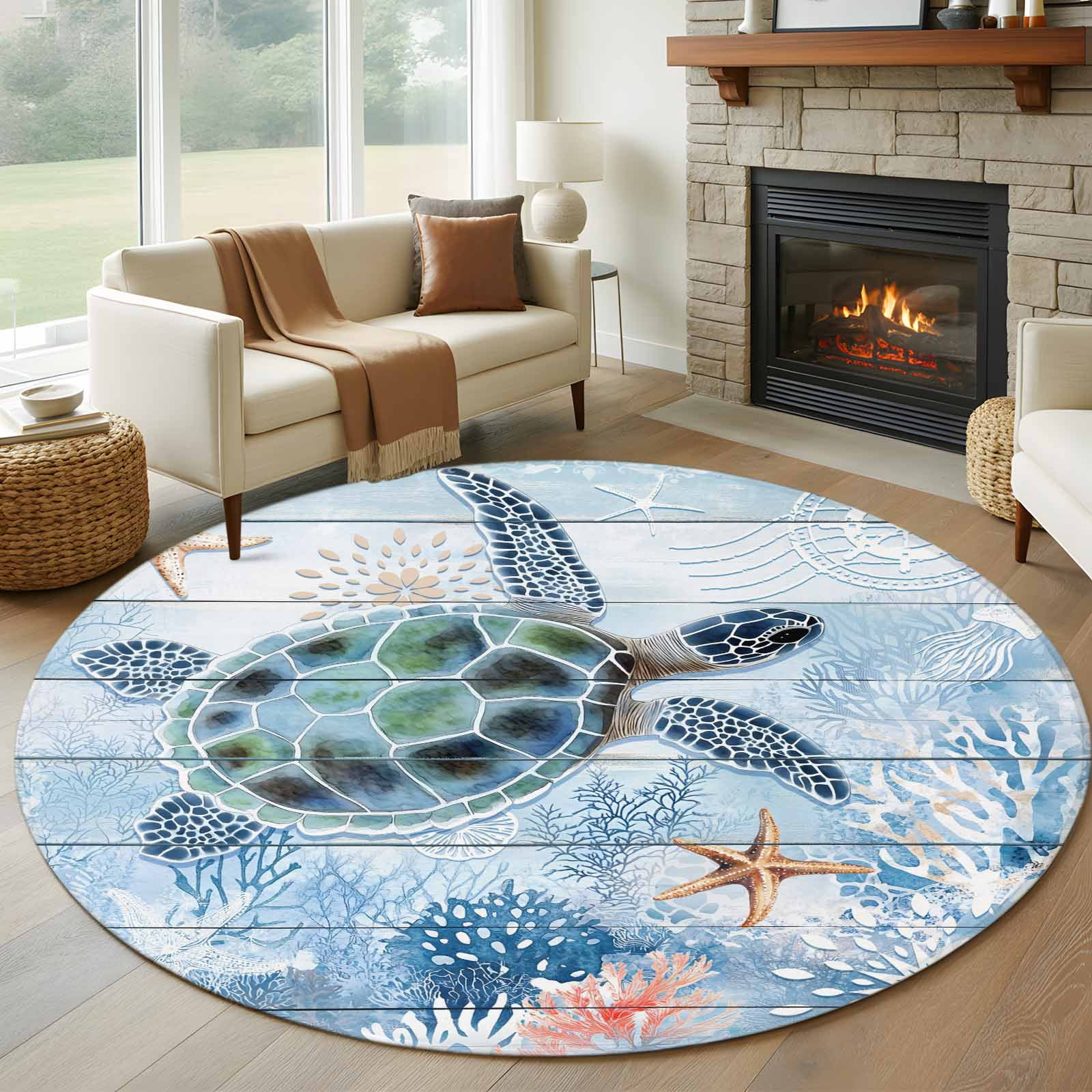 7Ft Round Area Rug, Ocean Turtle Non-slip Area Rugs Carpet for Living ...