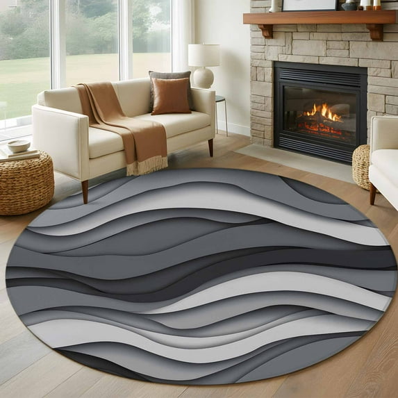 7Ft Round Rug, Black Grey Ombre Non-Skid Rubber Backing Large Area Rugs - Living Room Bedroom Home Office, Modern Abstract Moire Art Geometric Indoor Floor Mat Carpets Washable Rug