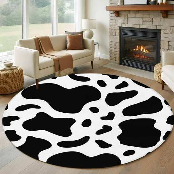 7Ft Round Rug, Black and White Non-Skid Rubber Backing Large Area Rugs - Living Room Bedroom Home Office, Farmhouse Cow Black White Indoor Floor Mat Carpets Washable Rug