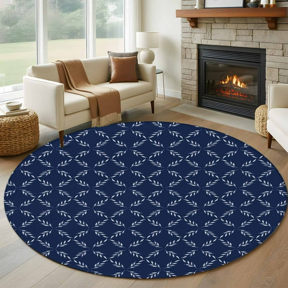 7Ft Round Rug, Navy Blue Non-Skid Rubber Backing Large Area Rugs - Living Room Bedroom Home Office, Geometric Leaf Diamond Plaid Abstract Check Indoor Floor Mat Carpets Washable Rug