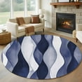 thumbnail image 1 of 7Ft Round Rug, Navy Blue Non-Skid Rubber Backing Large Area Rugs - Living Room Bedroom Home Office, Modern Moire Abstract Ripple Geometric Indoor Floor Mat Carpets Washable Rug, 1 of 5