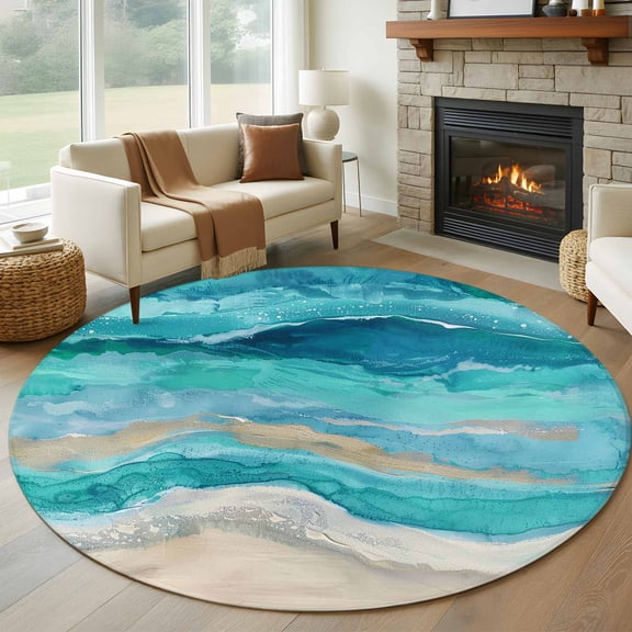 7Ft Round Rug, Teal Coastal Non-Skid Rubber Backing Large Area Rugs - Living Room Bedroom Home Office, Summer Beach Nautical Abstract Art Indoor Floor Mat Carpets Washable Rug