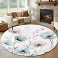 thumbnail image 1 of 7Ft Round Rug, Teal Pink Spring Floral Non-Skid Rubber Backing Large Area Rugs - Living Room Bedroom Home Office, Summer Botanical Watercolor Indoor Floor Mat Carpets Washable Rug, 1 of 9