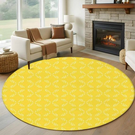 7Ft Round Rug, Yellow Morocco Non-Skid Rubber Backing Large Area Rugs - Living Room Bedroom Home Office, Geometric Leaf Diamond Lattice Abstract Indoor Floor Mat Carpets Washable Rug