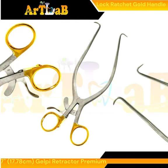 7In Gelpi Retractor With Gold Handle, Ratchet Locking, Adult Size, Sharp Prongs