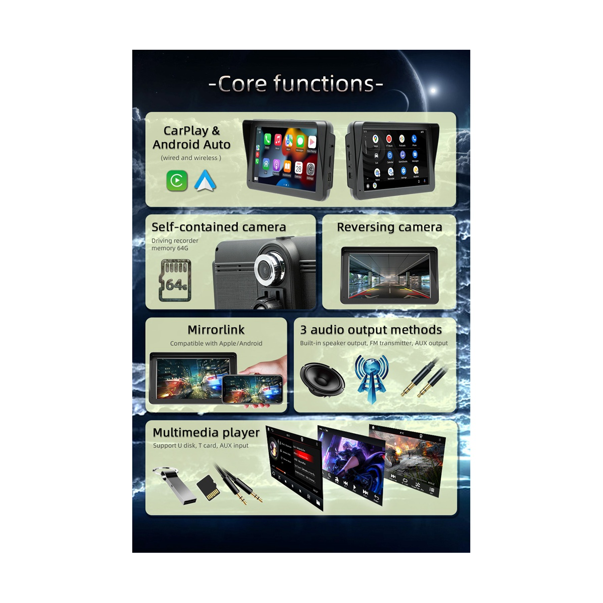 7Inch Car Radio with Dashcam, Dash Mount CarPlay & Android Auto, Car Stereo Bluetooth, Mirror