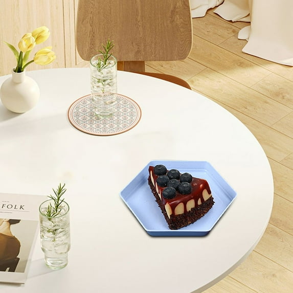 7Inch Plastic Plates Reusable, Unbreakable Dessert Plates Dinnerware, Hexagonal Deep Dinner Plate Set Microwave and Dishwasher Safe Plate for Meat, Appetizer, Dessert, Sushi, Party(Blue)