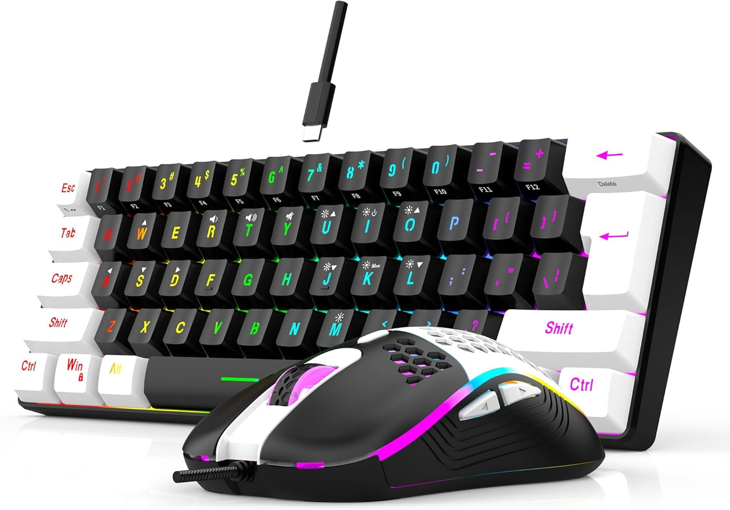7KEYS Wired RGB Gaming Keyboard and Mouse Combo,  61 Keys true RGB 14 Mode of Backlight, 3200 DPI Gaming Mouse, Mini Keyboard with Membrane Switch Comfort Use for PC Computer Laptop