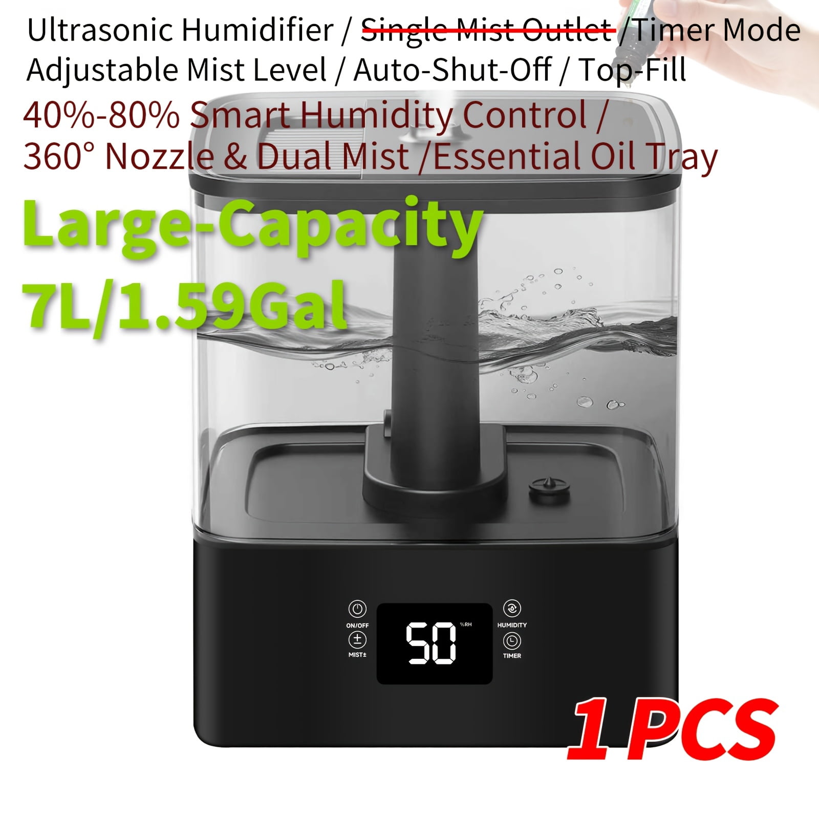 7L/1.85Gal Home Humidifier - 60H Runtime, Top-Fill, 360° Nozzle, Dual Mist, Aroma Diffuser, Baby/Office