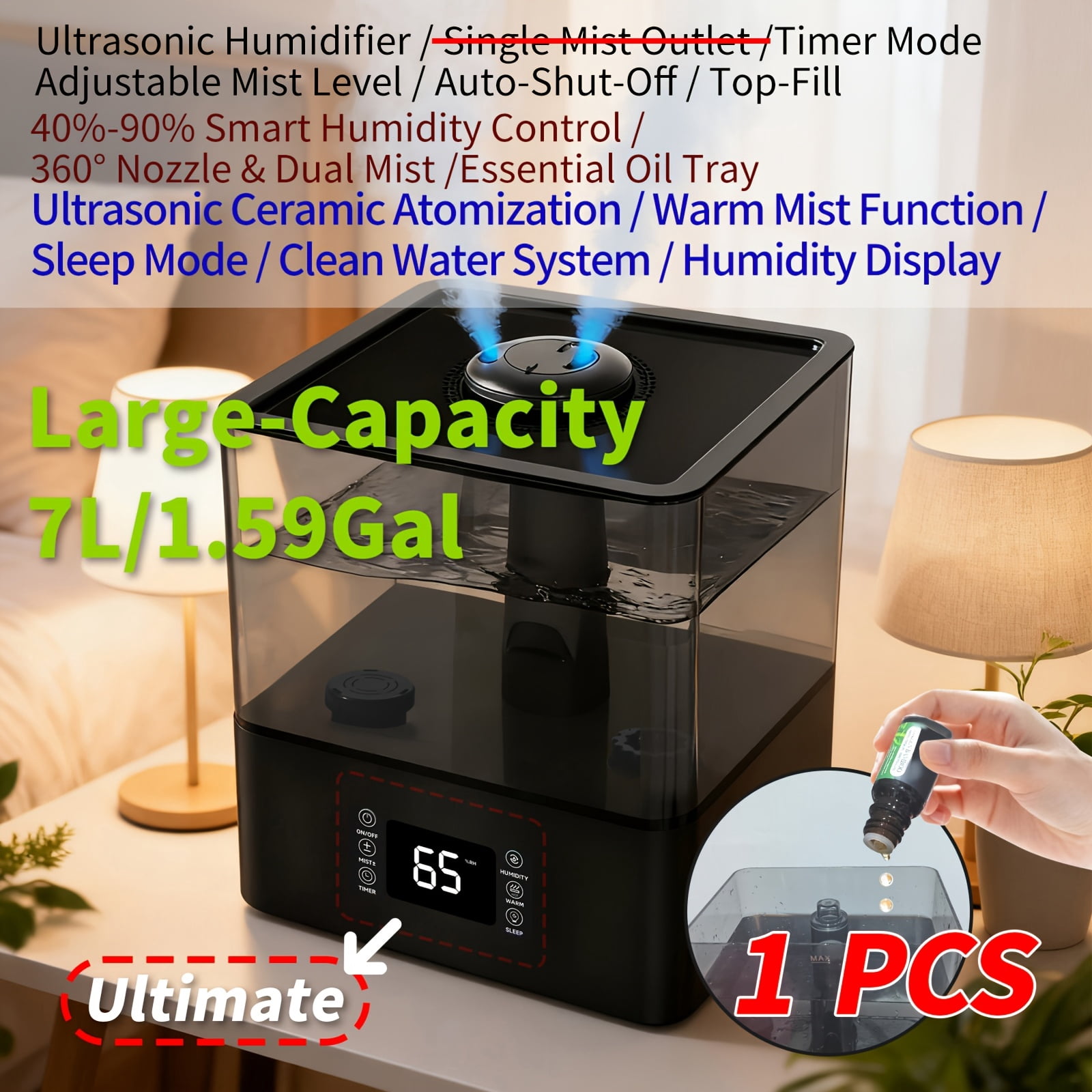7L/1.85Gal Home Humidifier - 60H Runtime, Top-Fill, 360° Nozzle, Dual Mist, Aroma Diffuser, Baby/Office