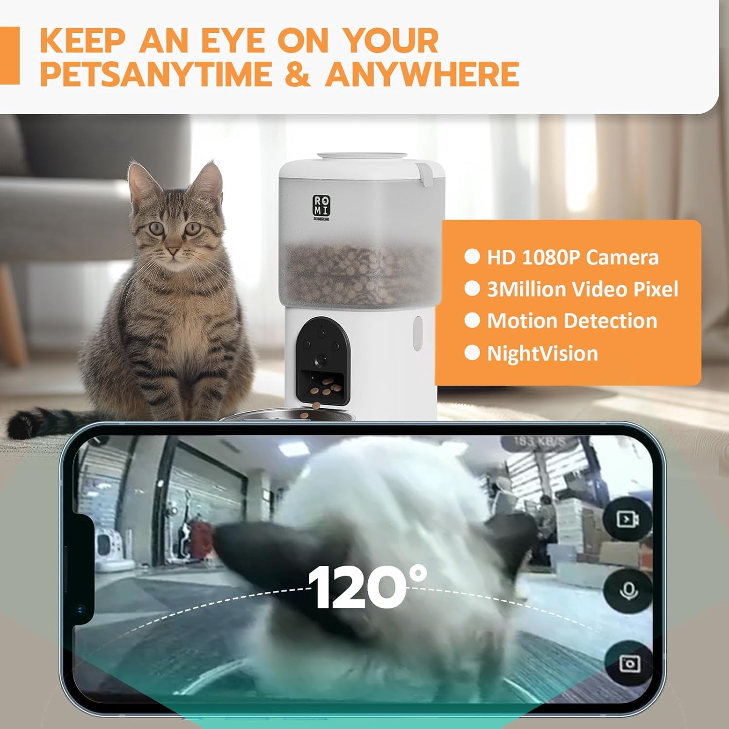 7L Automatic Cat Feeder with Camera and Water Fountain Dispenser 1080P HD Video WiFi Timed Auto Feeder for Multiple Cats Detachable Easy Clean White