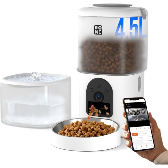 7L 2-in-1 Automatic Feeder with Camera and Water Fountain Dispenser 1080P Video 2.4G&5G WiFi Timed Auto Feeder with APP Control,Multiple Cats, Detachable for Easy Clean-White