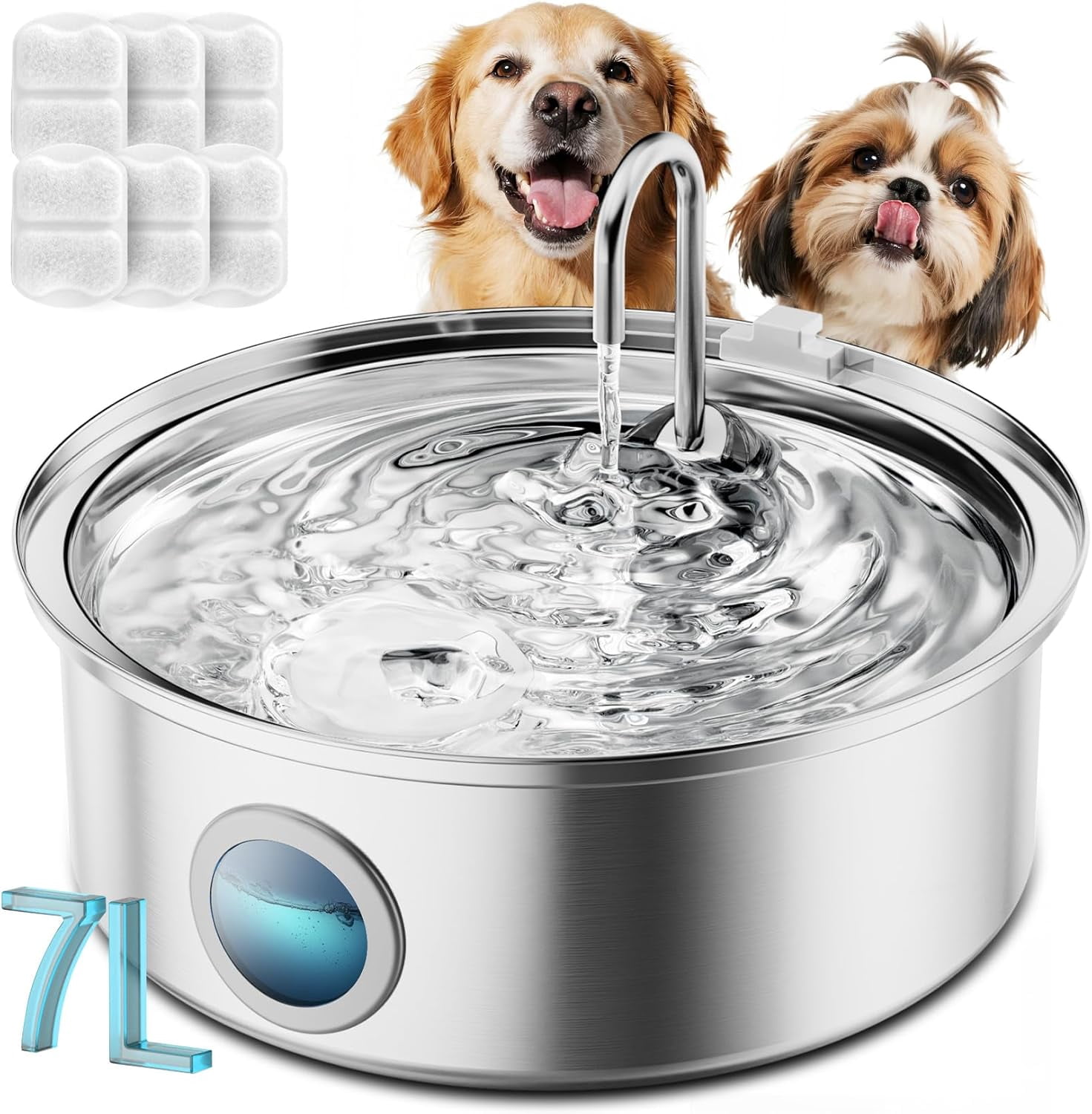 7L/230oz/1.8G Quiet Stainless Steel Pet Water Fountain with Visual Water Level & Triple Filtration for Large Medium Small Breed Dogs