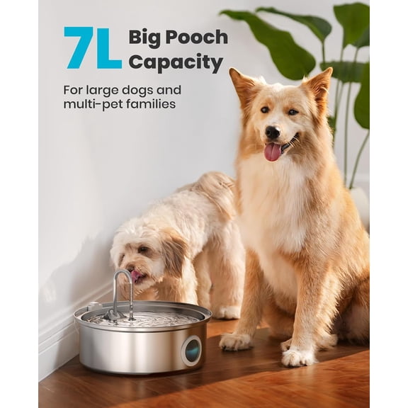 7L/230oz/1.8G Quiet Stainless Steel Pet Water Fountain with Visual Water Level & Triple Filtration for Large Medium Small Breed Dogs