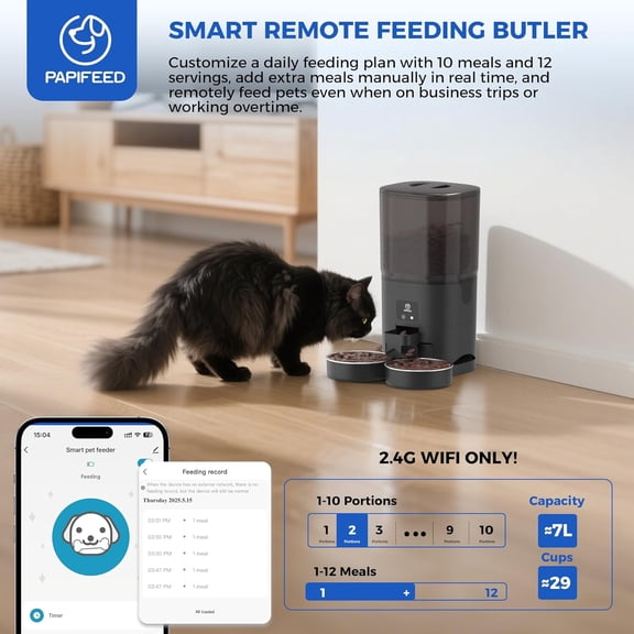 7L Automatic Feeder for 2 Cats - 2.4G WiFi Timed Auto Feeder with APP Control, Food Dispenser with Alexa for Multiple Cats, Detachable for Easy Clean, 1-10 Meals Per Day - Black