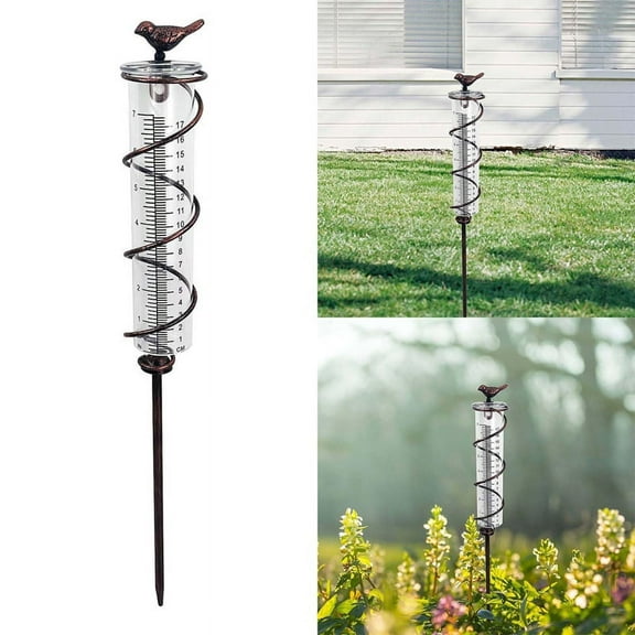 7L Capacity Glass Spiral Rain Gauge,Cast Iron Bird Hanging Rain Gauge,Garden Rain Water Meter Measuring with Metal Frame