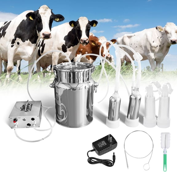 7L Cow Milking Machine, Rechargeable Battery Powered Speed Adjustable Pulsating Vacuum Pump, Stainless Steel Milk Bucket with Auto Stop Check Valve Cow Milker Machine