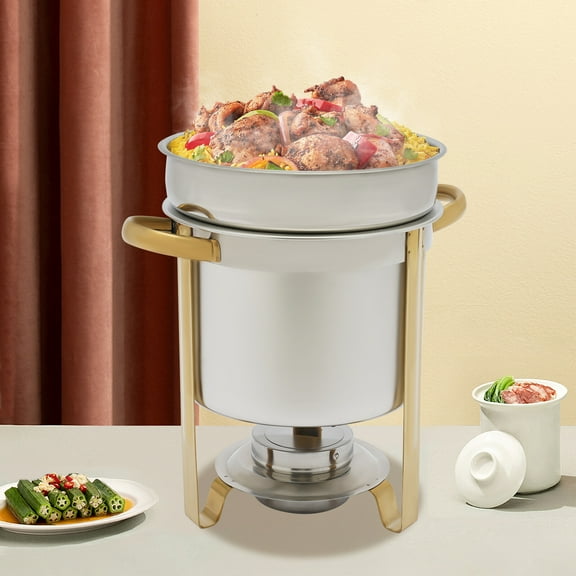 7L Gold Full Size Round Soup Chafer Stainless Steel Buffets Server Food Warmer Commercial Soup Kettle Warmer with Lid
