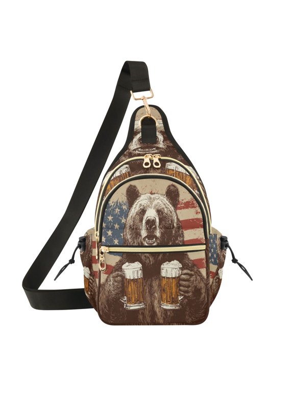 7L Large Capacity Crossbody Shoulder Bag with Adjustable Strap Multi Pocket Sling Bag for Commute Travel Outdoor Activities Brown Bear Holding