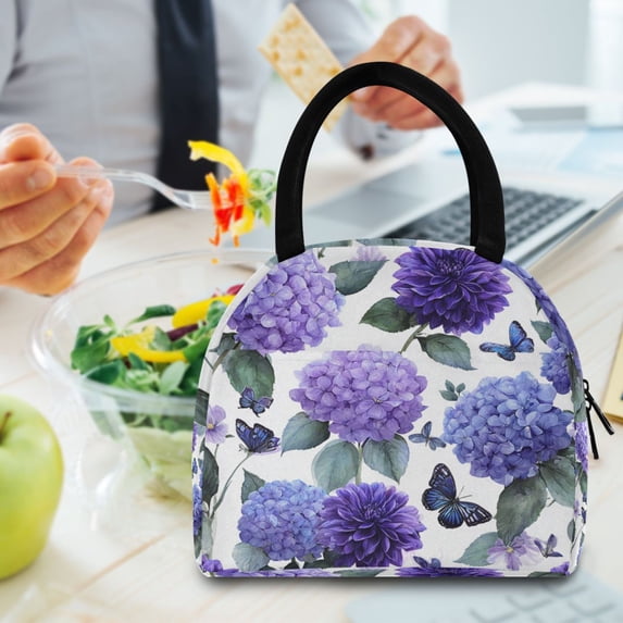 7L Volume Handheld Insulated Reusable Meal Tote Lunch Bags Bright Purple Hydrangeas