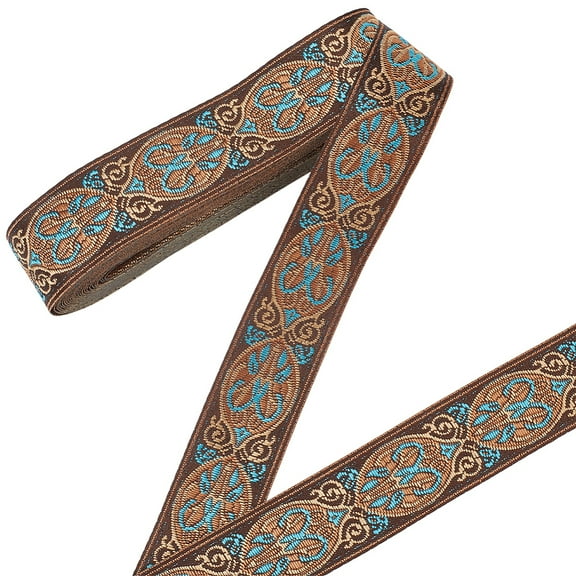 7M Ethnic Polyester Flower Jacquard Ribbon Saddle Brown 1-1/8 inch(30mm) about 7.66 Yards(7m)/Roll