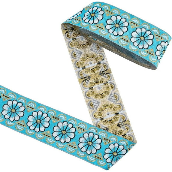 7M Polyester Floral Jacquard Trim Ribbon - Cyan Style - 1.875 Inch Wide - Gift Giving Occasion